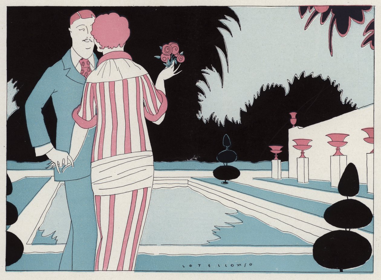 Romantisk par, der holder hinanden i hånden ved poolen, en scene fra novellen Prospective Honeymooners af J A Waldron (farvelitografi) af American School
