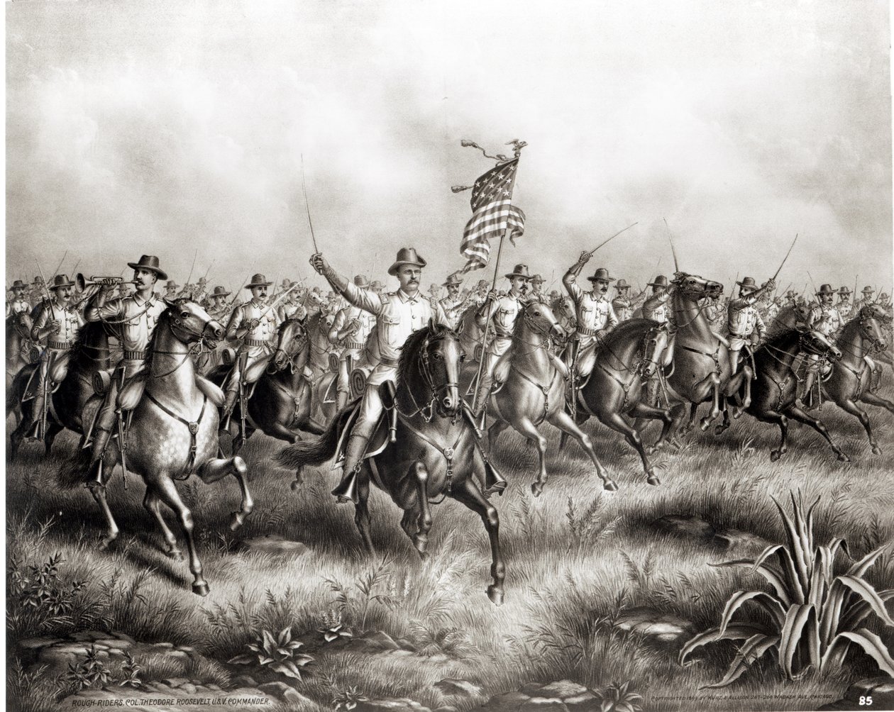 Rough Riders: Oberst Theodore Roosevelt, amerikansk kommandør ved San Juan Hill, Santiago, Cuba, 1898 af American School