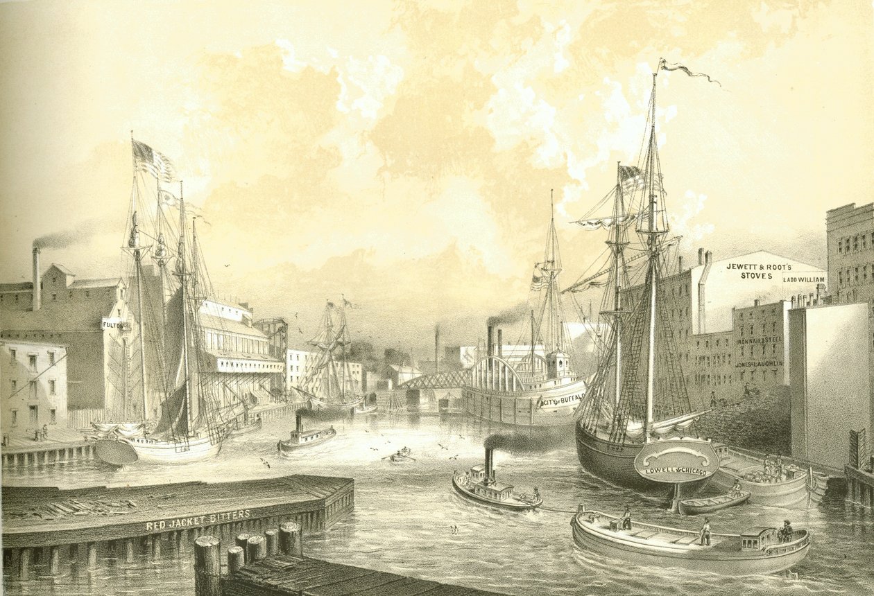 Rush Street Bridge, View from State Street, fra Chicago Illustrated, med litterære beskrivelser af James W. Sheahan, udgivet af Jevne & Almini, Chicago, 1866-67 af American School