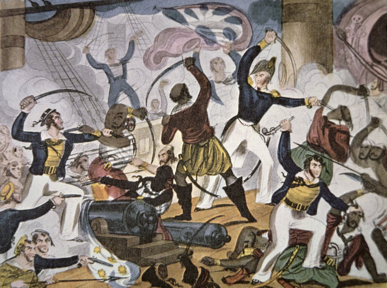 Sejlere fra Royal Navy Boarding Algerine Pirate Fartal, C.1820 (Color Litho) af American School