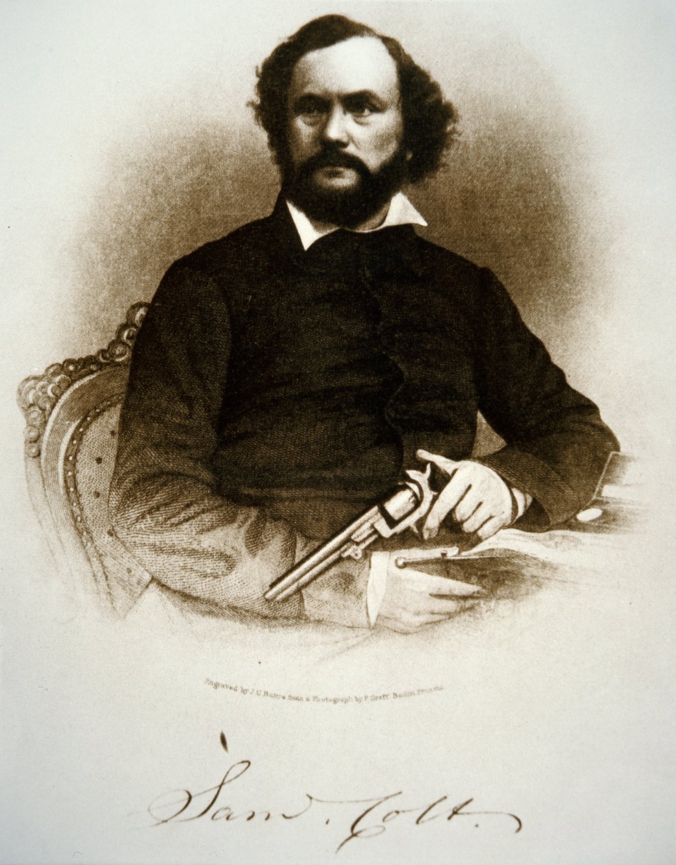 Samuel Colt holder en af sine percussion revolvere (gravering) af American School