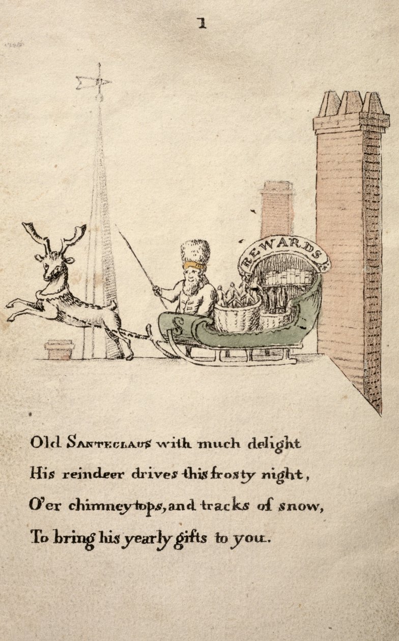 Santeclaus med slæde og rensdyr, fra The Childrens Friend udgivet i 1821 af American School