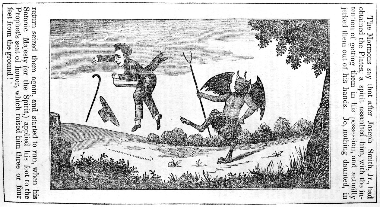 Satan sparker Joseph Smith (1805-44) fra bagsiden af Anti-Mormon Almanac for 1842 af American School