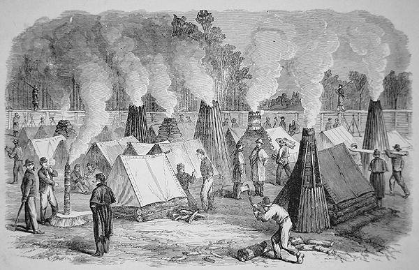 Scene i lejrlivet - skorstensarkitektur - de føderale soldater ved deres lejrbål (gravering) af American School
