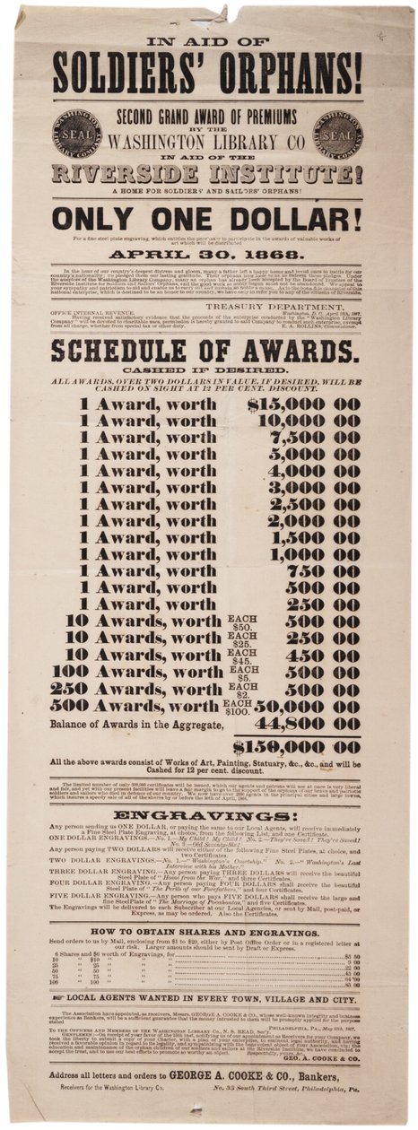 Second Grand Premiums af Washington Library Co til fordel for Riverside Insitution!, 20. maj 1867 af American School