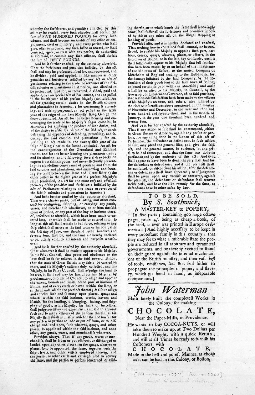 Anden side af en bredside, der skitserer loven om blokering af havnen i Boston, 1774 (avispapir) af American School