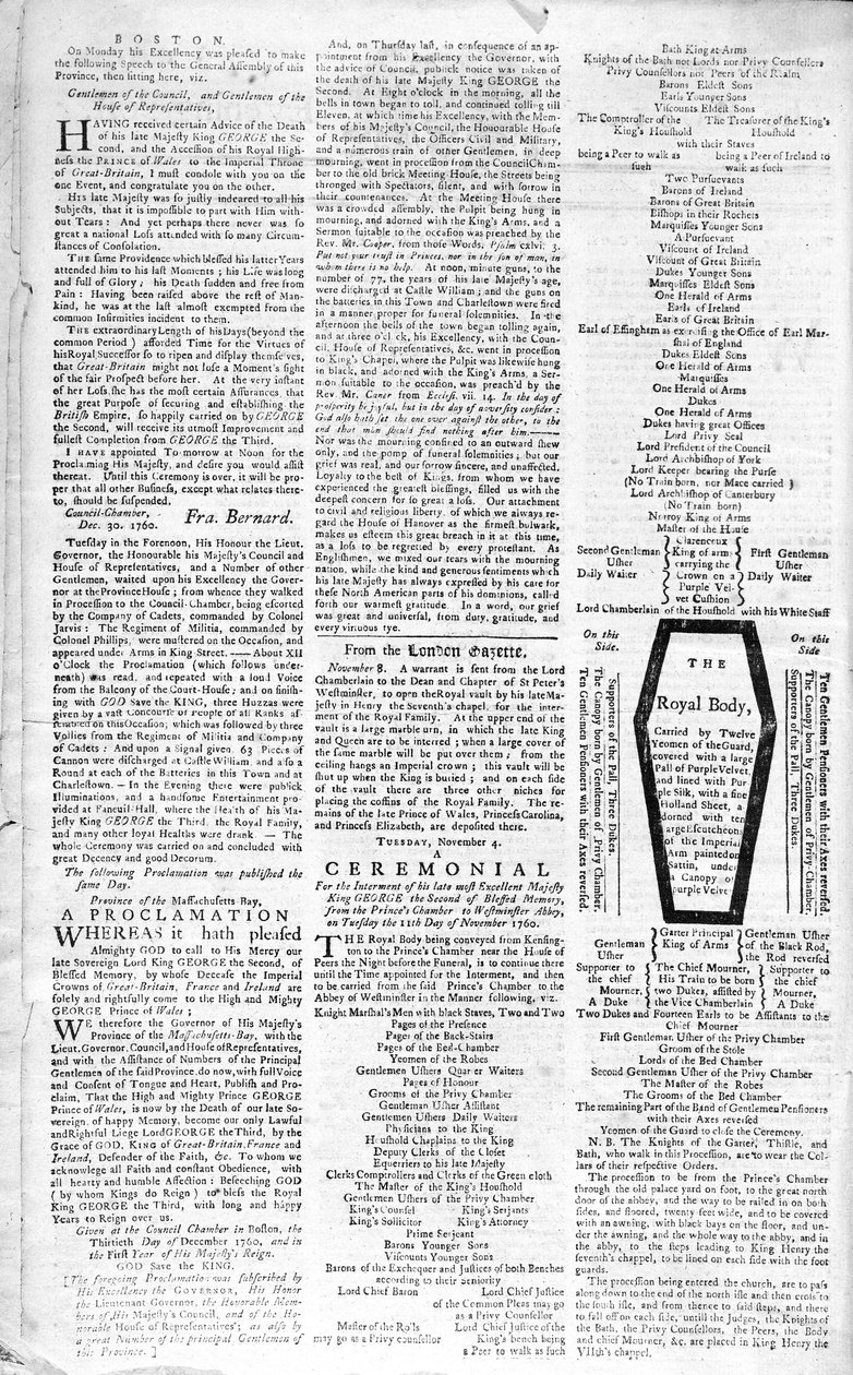Anden side i Boston Evening Post, der annoncerer kong George II