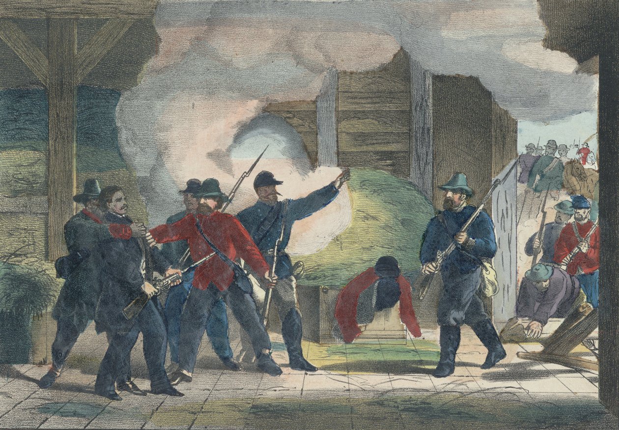 Seizure and Death of the Murderer Wilkie Booth, ca. 1865 (farvetryk) af American School
