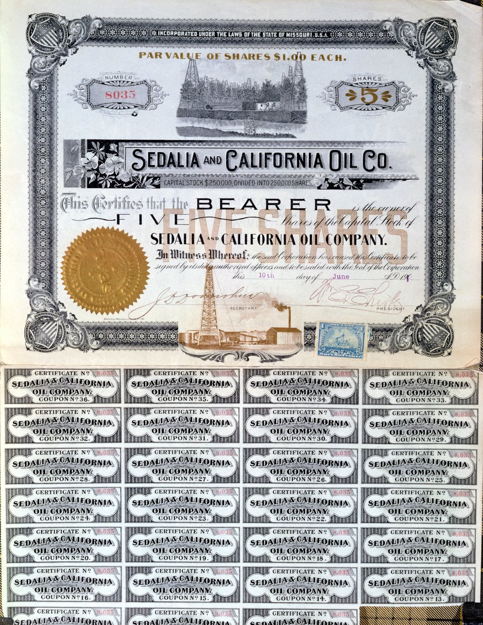 Aktiecertifikat for Sedalia and Californian Oil Company, U.S.A., 1901 af American School
