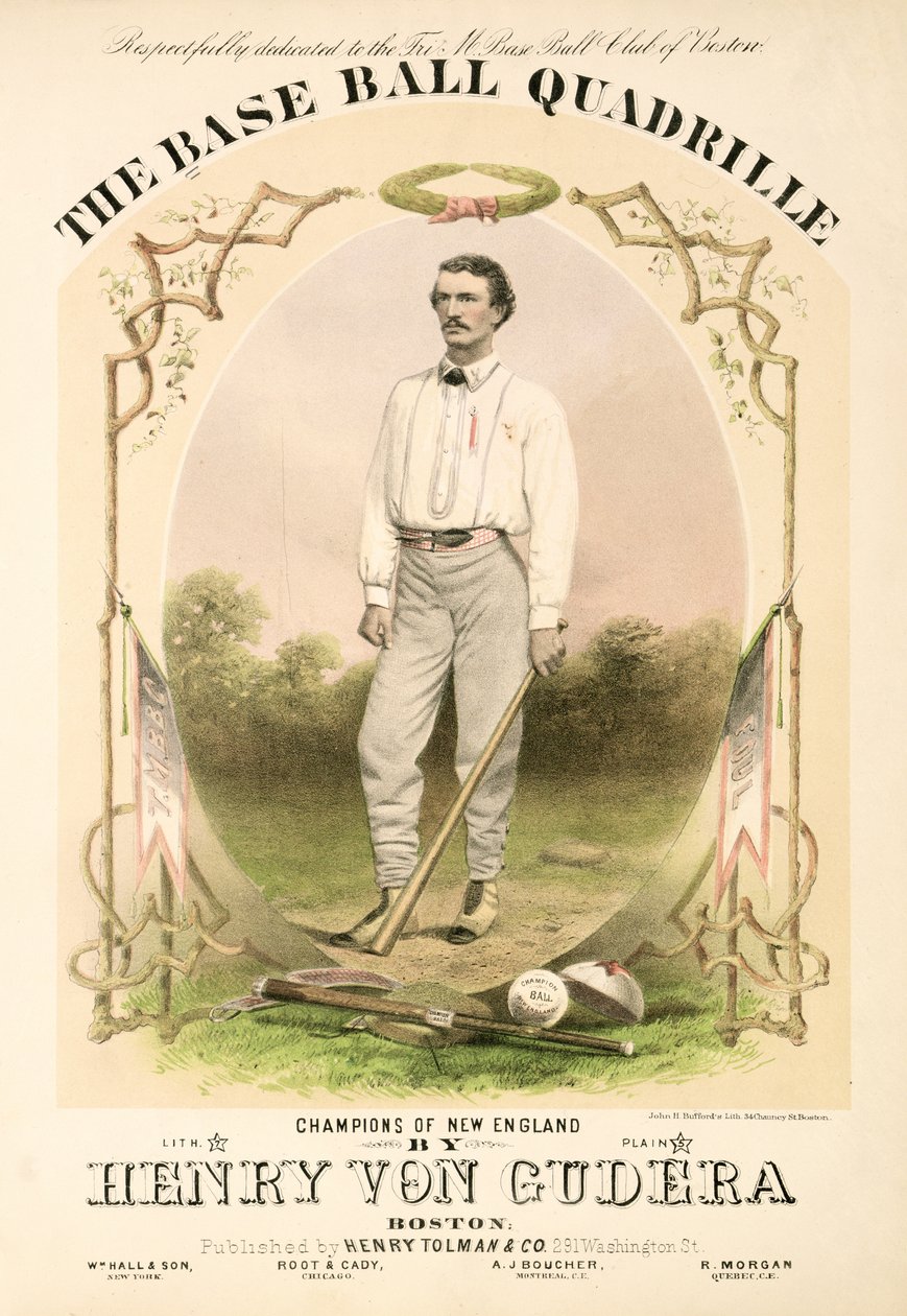 Nodecover til The Base Ball Quadrille skrevet af Henry von Gudera og udgivet af Henry Tolman & Co. udgivet af Henry Tolman & Co. af American School