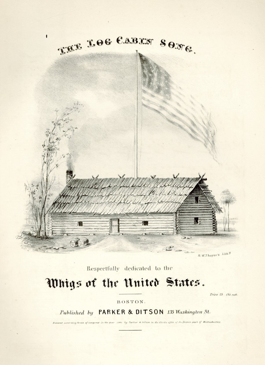 Nodecover til The Log Cabin Song..., udgivet af Parker & Ditson, Boston, 1840 af American School