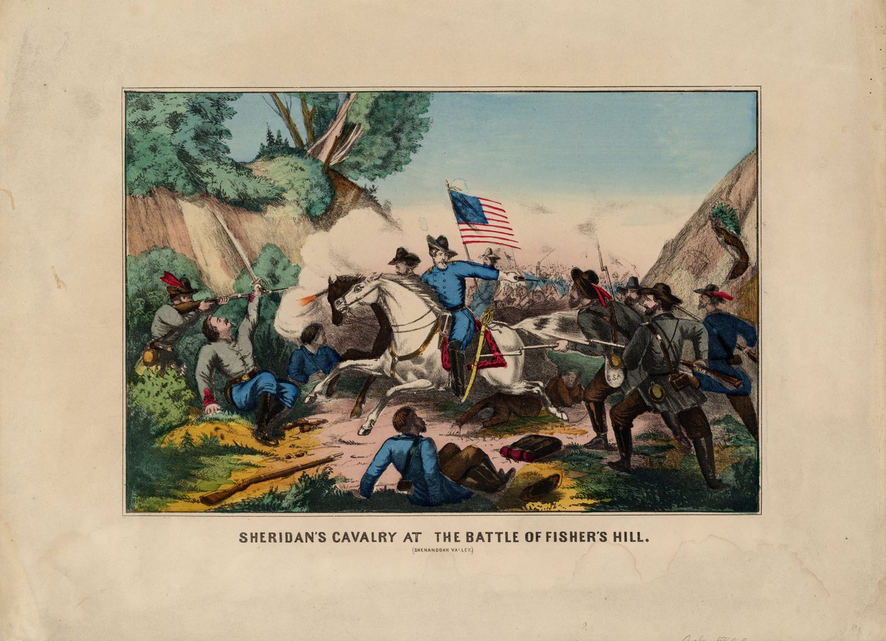 Sheridans kavaleri ved slaget ved Fishers Hill (Shenandoah Valley), pub. af Currier & Ives, ca. 1864 af American School