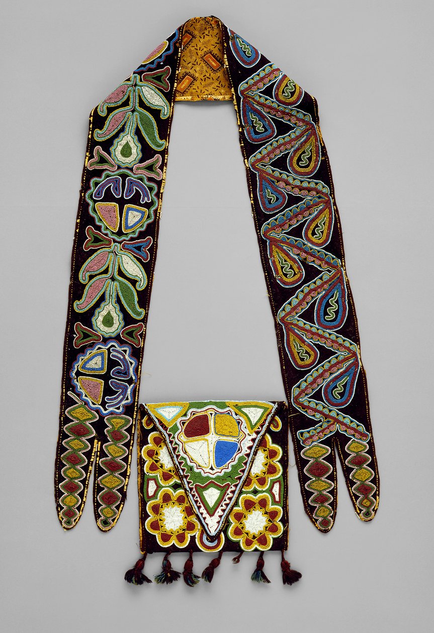 Skuldertaske, ca. 1820 (uld, silke, garn, glasperler og bomuldsstof) af American School
