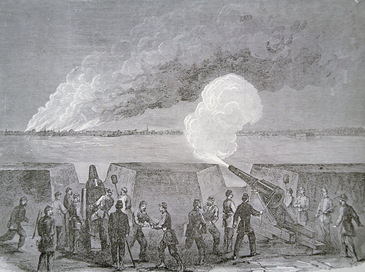 Belejring af Charleston, byen, der brænder under bombardement, 3. januar 1864, fra Harper