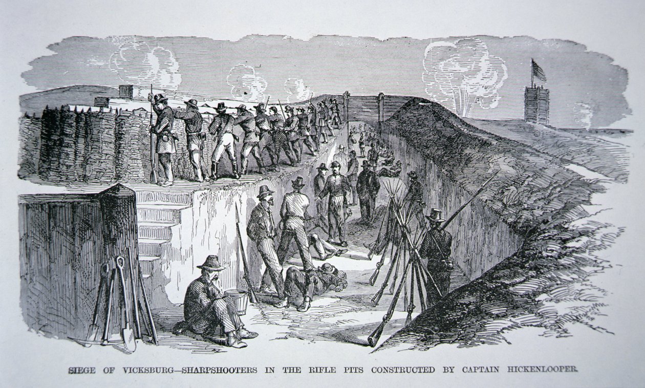 Siege of Vicksburg - Skarpskytter i riffelgravene konstrueret af General Hickenlooper (gravering) af American School