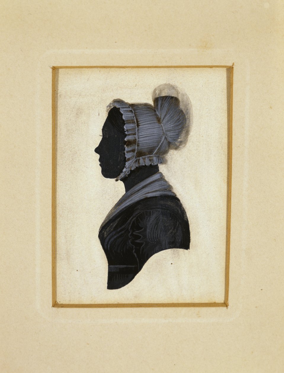 Silhuet af en dame, ca. 1830-1840 (sort blæk med brun og hvid kridtaftegning på vævet papir) af American School