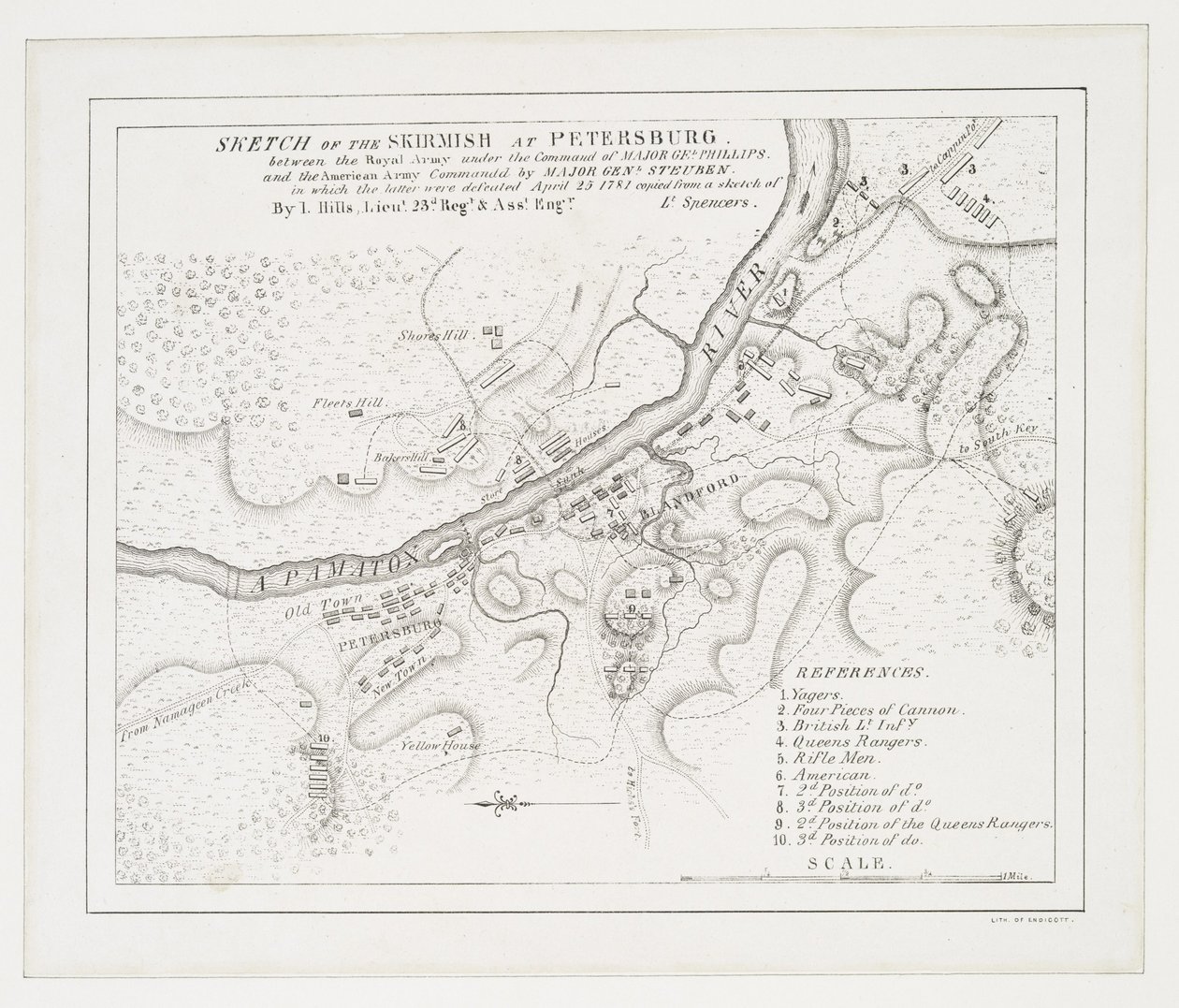 Skitse af træfningen ved Petersborg: mellem den kongelige hær under kommando af major Gel. Phillips og den amerikanske hær under kommando af generalmajor. Steuben, hvor sidstnævnte blev besejret, 25. april 1781 af American School