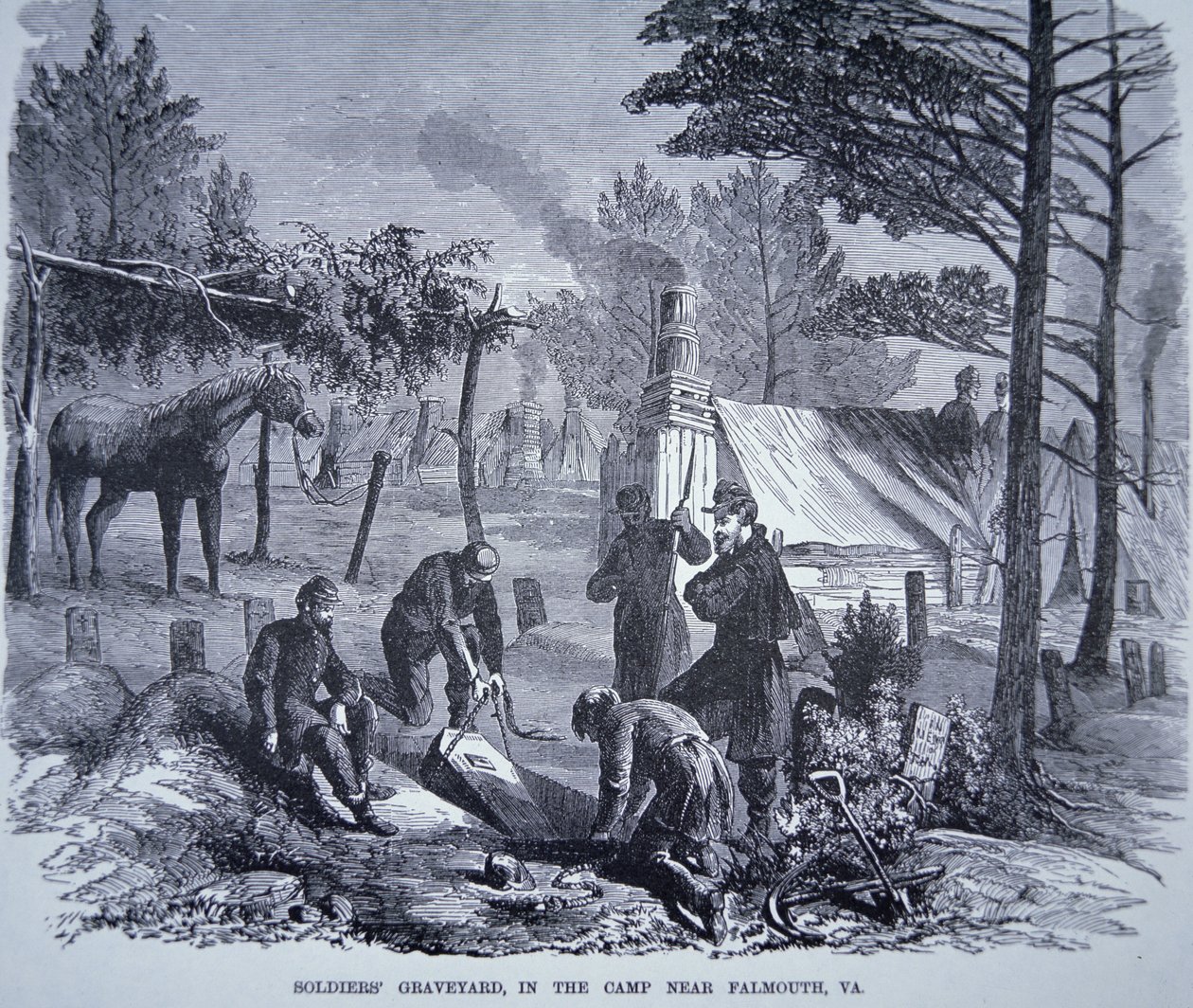 Soldaters kirkegård i lejren nær Falmouth, Virginia (litho) af American School