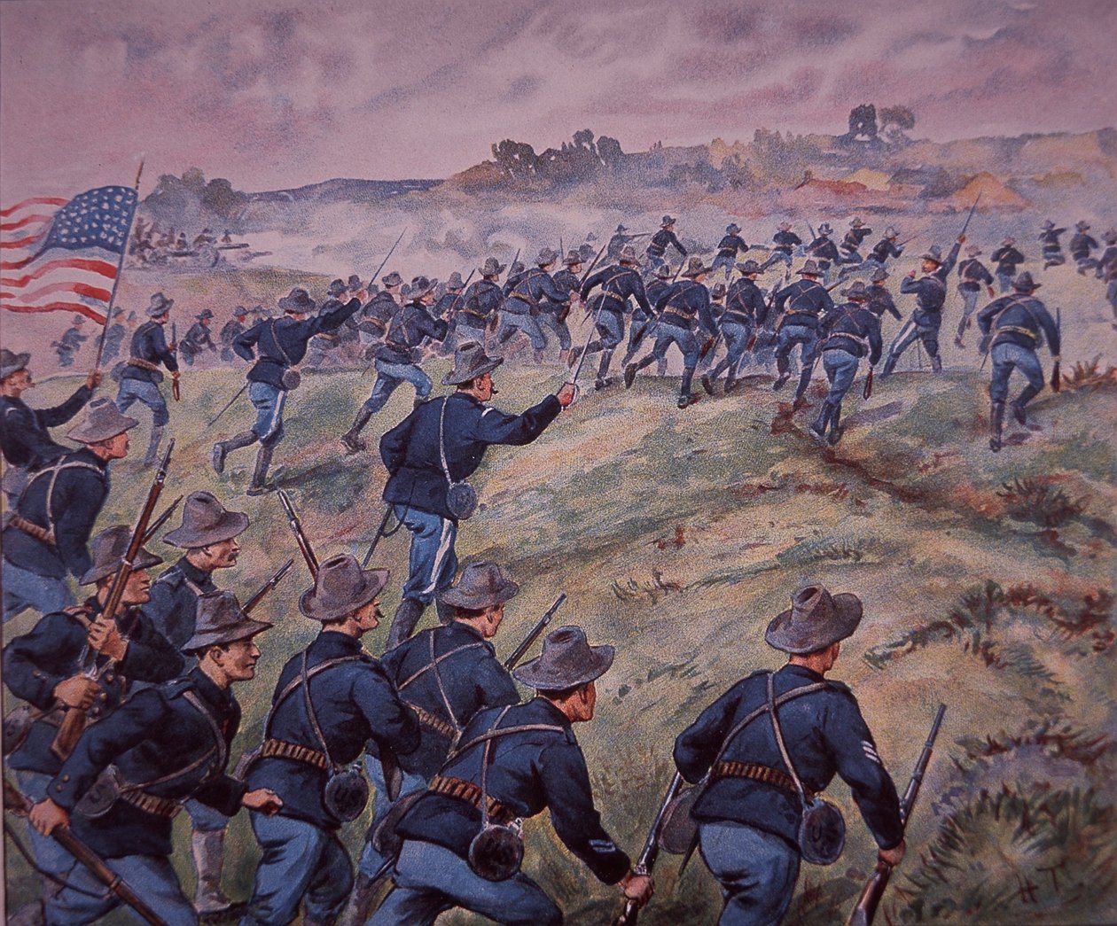 Spansk-amerikansk krig 1898, amerikanske tropper stormer San Juan Heights i Cuba (farve litho) af American School