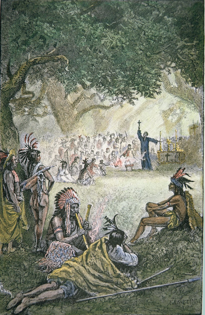 Spanske jesuittermissionærer omvender indianere i Californien i det 17. århundrede (farve litografi) af American School