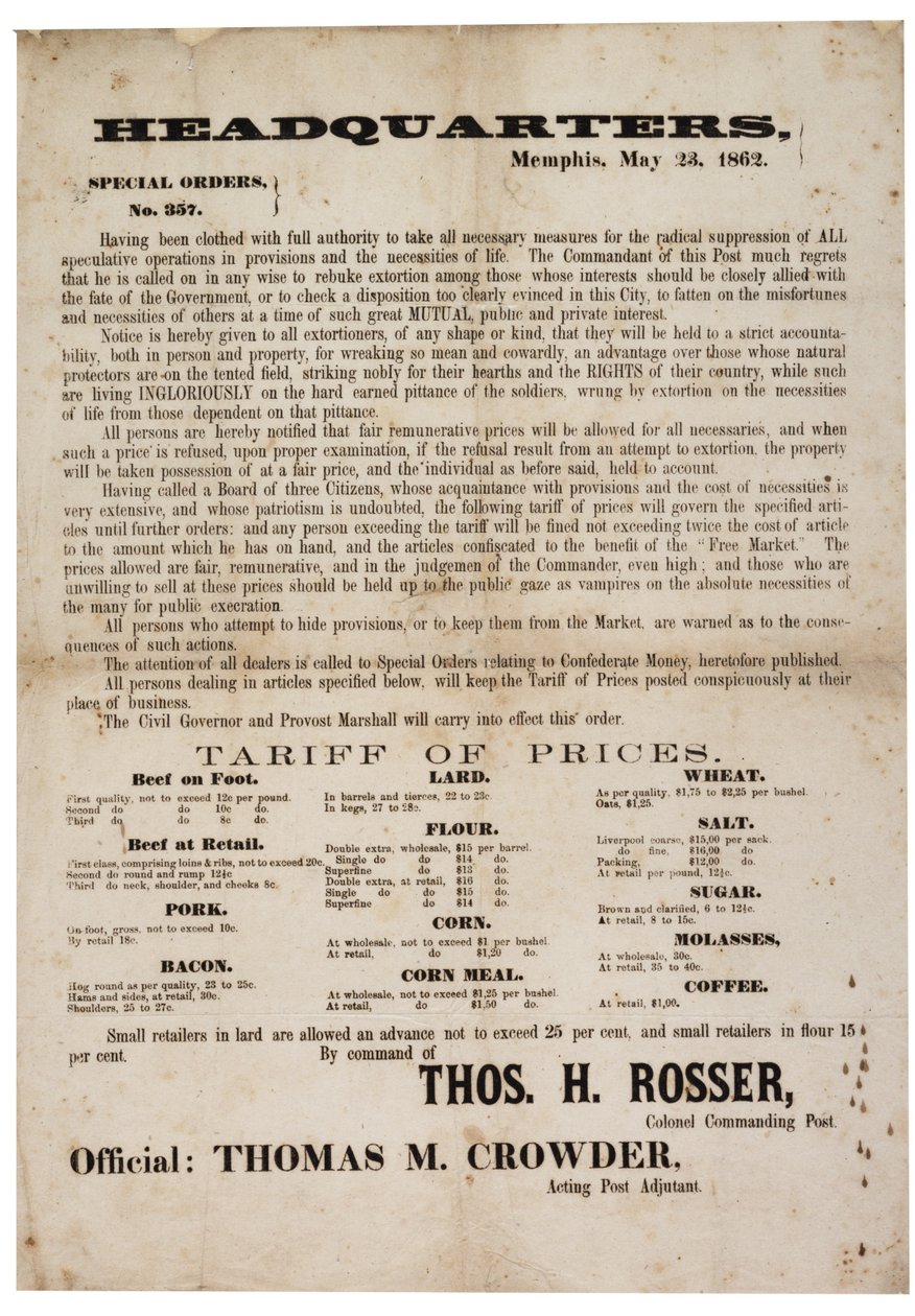 Specialbestillingsnr. 357 udgivelse af fødevarepriser for at forhindre spekulation, 23. maj 1862 af American School
