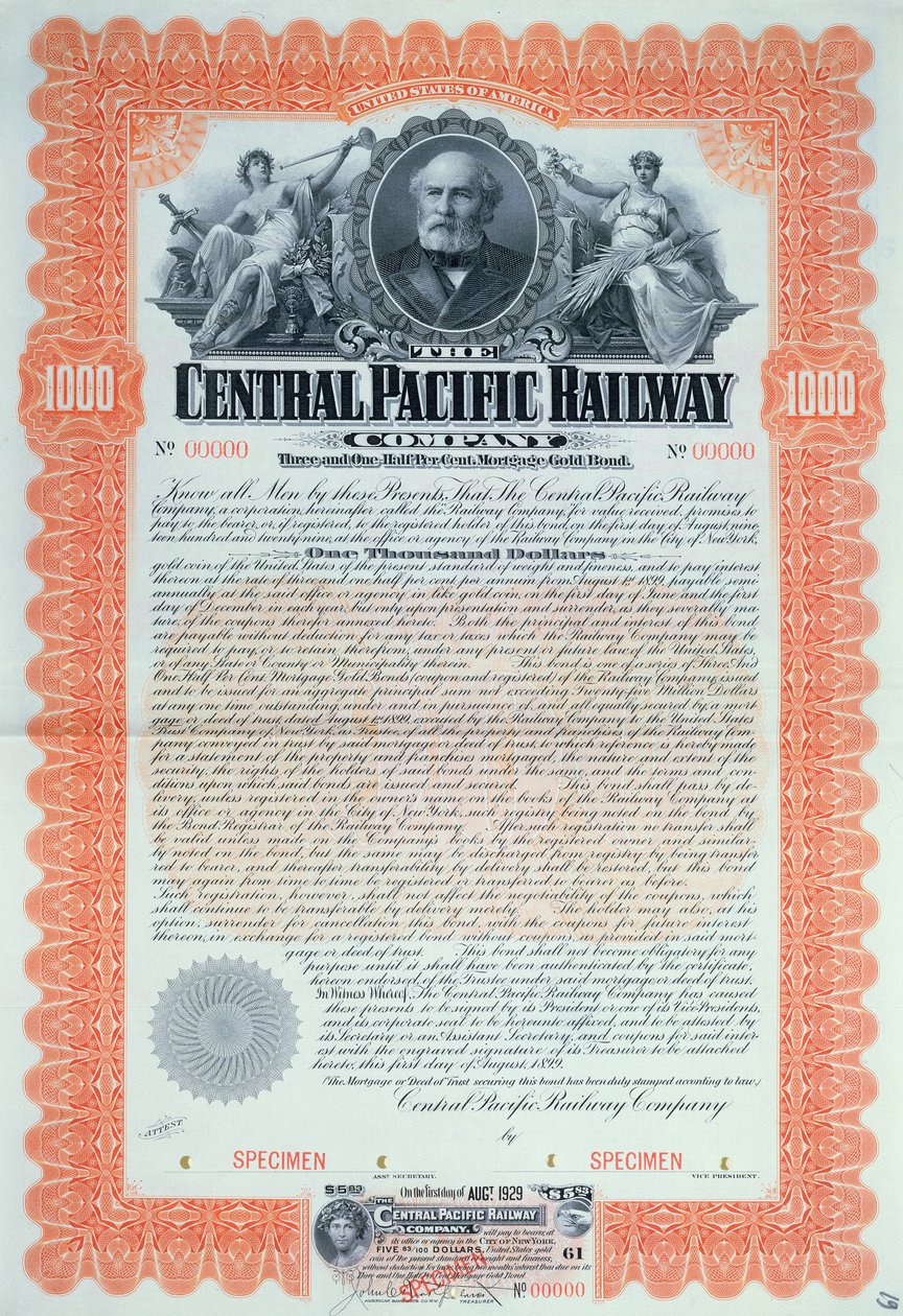 Eksempler på obligationscertifikat på 1000 dollars for Central Pacific Railway Company Company, 1899 af American School