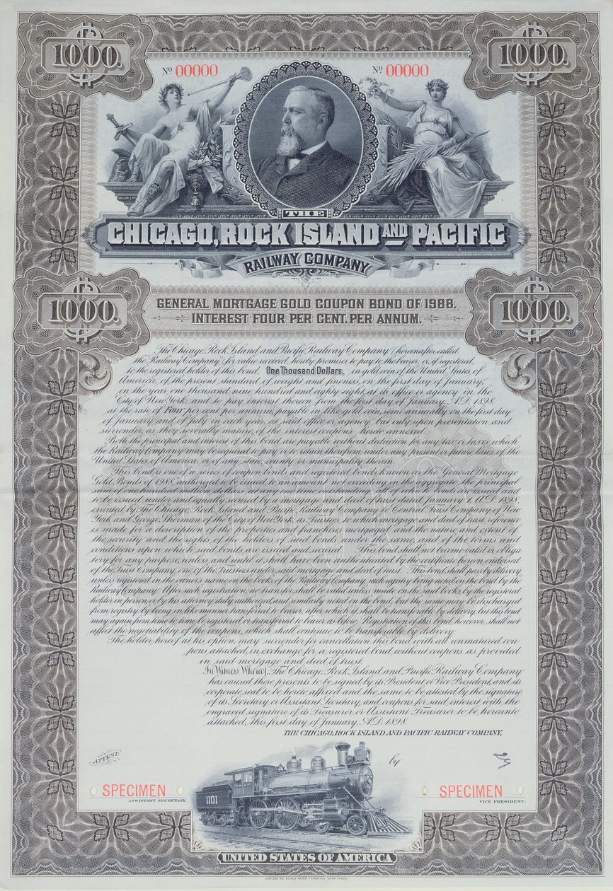 Eksempler på obligationscertifikat for 1000 dollars for Chicago, Rock Island and Pacific Railway Company, 1898 af American School