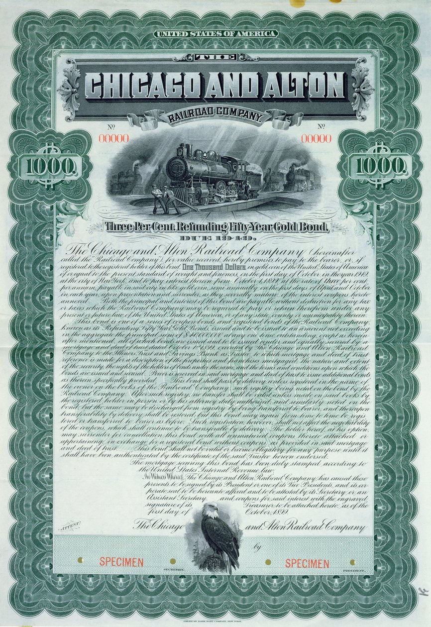 Eksempler på obligationscertifikat for 1000 dollars for Chicago and Alton Railroad Company, 1899 af American School