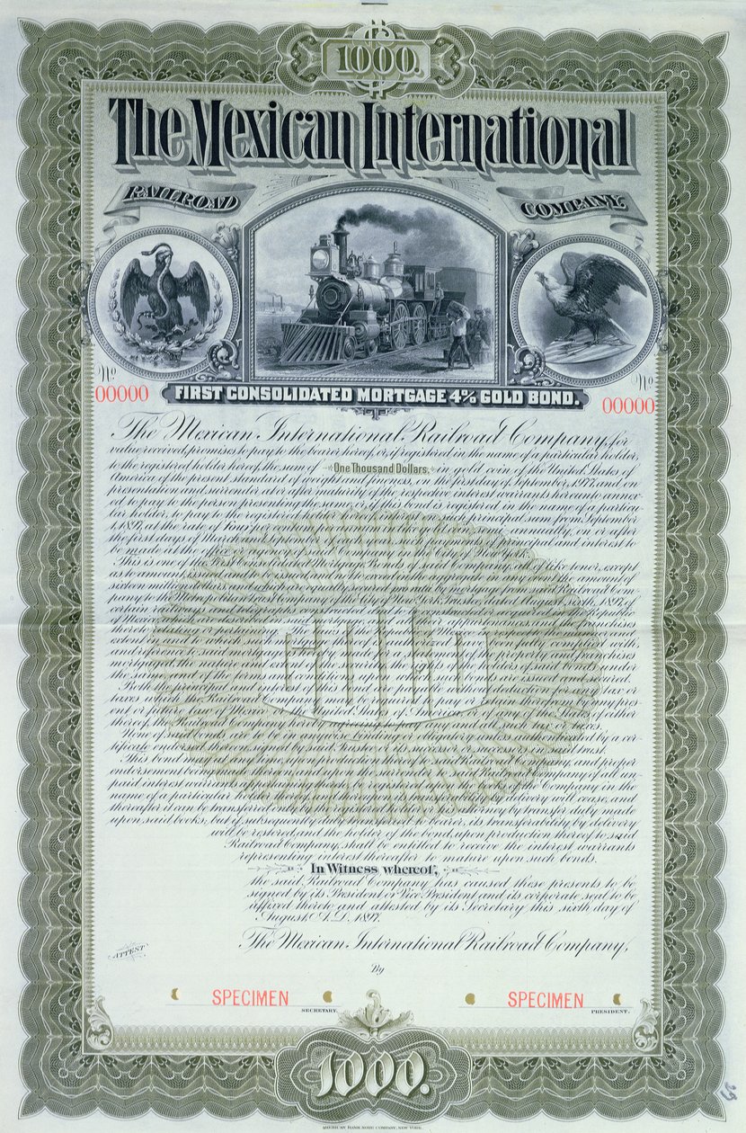 Eksempler på obligationscertifikat for 1000 dollars for det mexicanske internationale jernbaneselskab, 1897 af American School