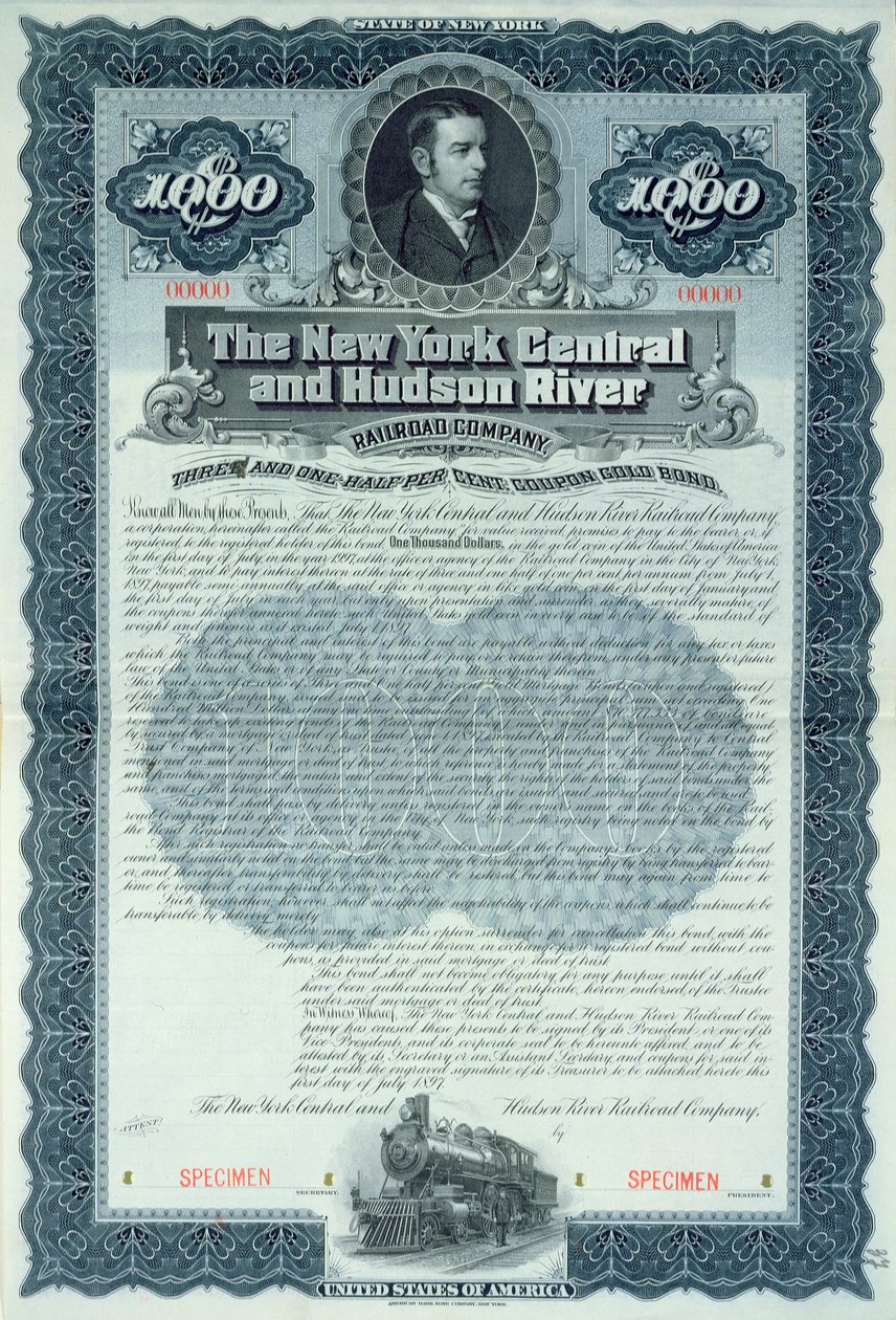 Prøve af obligationscertifikat på 1000 dollars for New York Central and Hudson River Railroad Company, ca. 1900 af American School