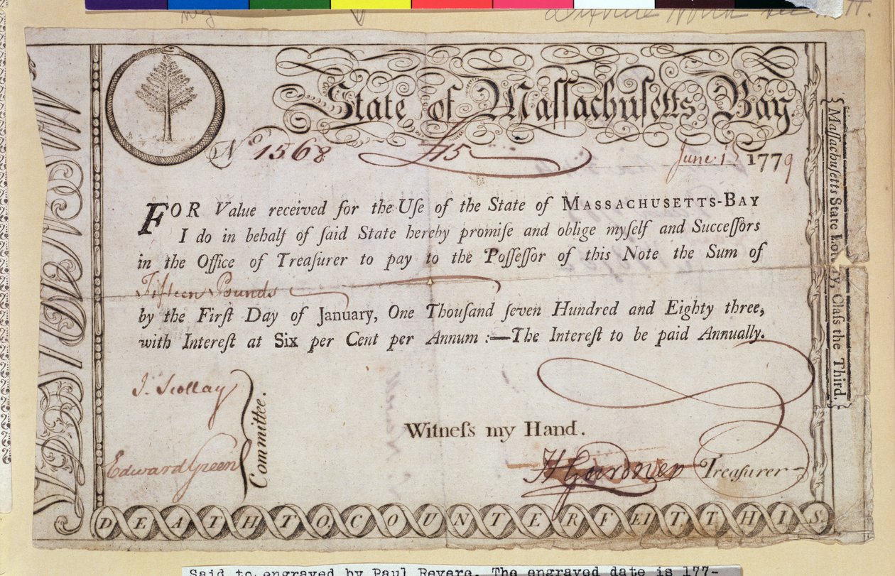 State of Massachusetts Bay gældsbrev, siges at være indgraveret af Paul Revere (1735-1818) 1779 af American School
