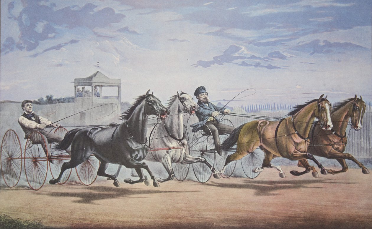 Stella og Alice Grey - Lantern and Whalebone, Passing the Stand (I deres store match for i Double Harness over Union Course L.I. den 5. juni 1855) , udgivet. 1855, Currier & Ives af American School