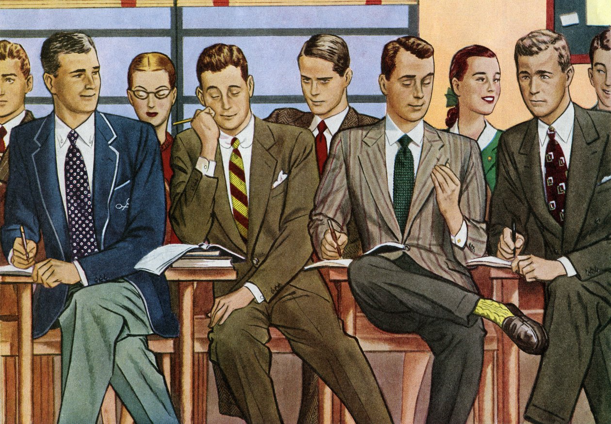 Studerende ved skriveborde i et klasseværelse på et universitet i 1940