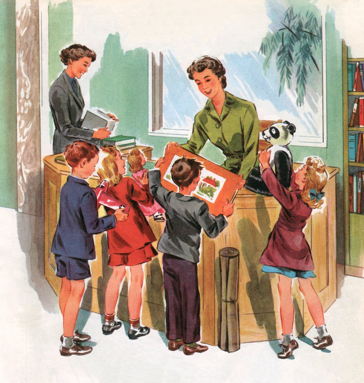 Elever i skolebiblioteket, ca. 1950 (screenprint) af American School