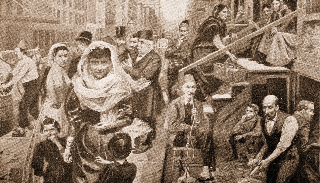 Det syriske samfund i Lower Washington Street, New York (kobberstik) af American School