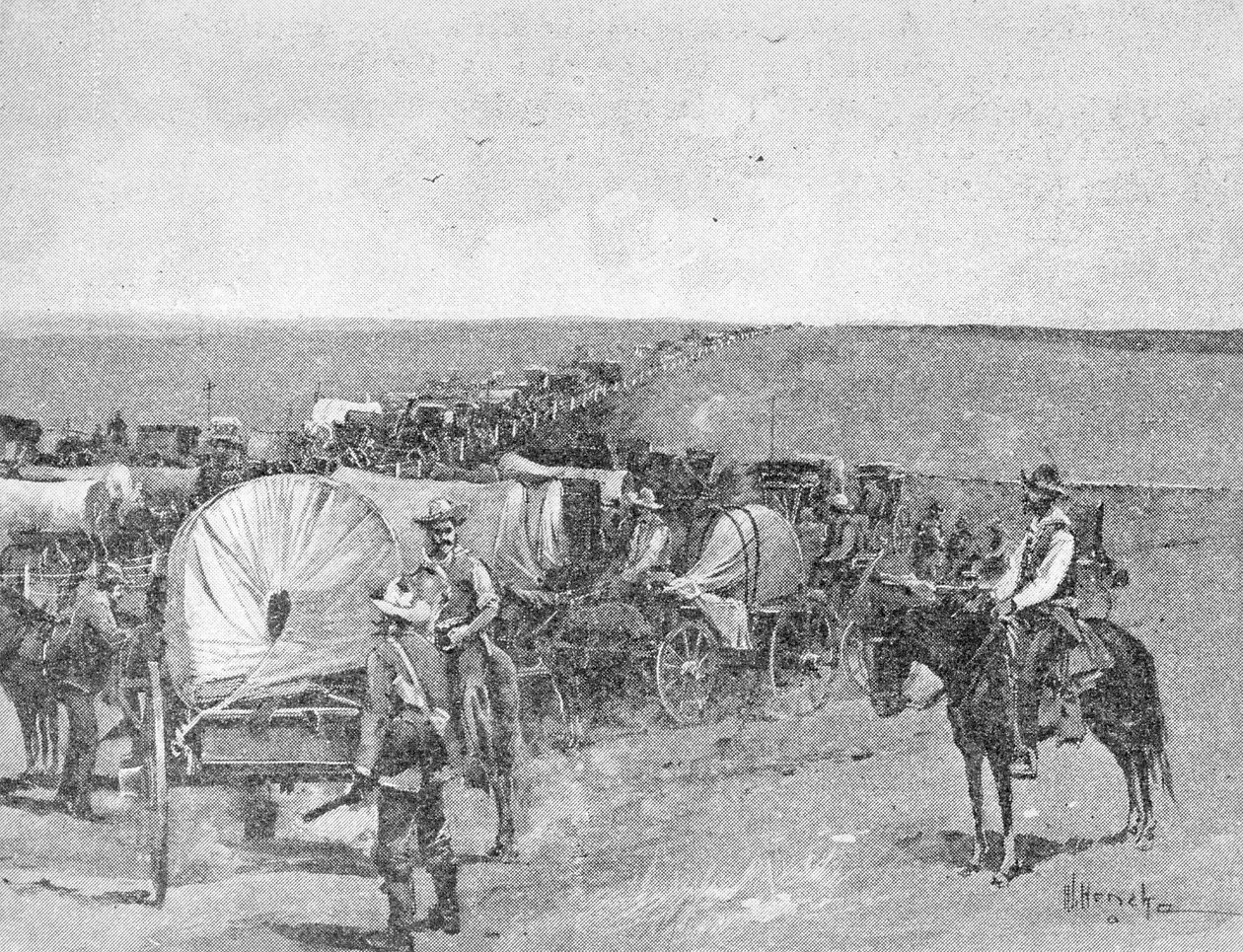 Ti minutter før det store hastværk, på den sydlige linje af Indian School Reserve, nær Arkansas City, 16. september 1893 (gravering) (bw foto) af American School