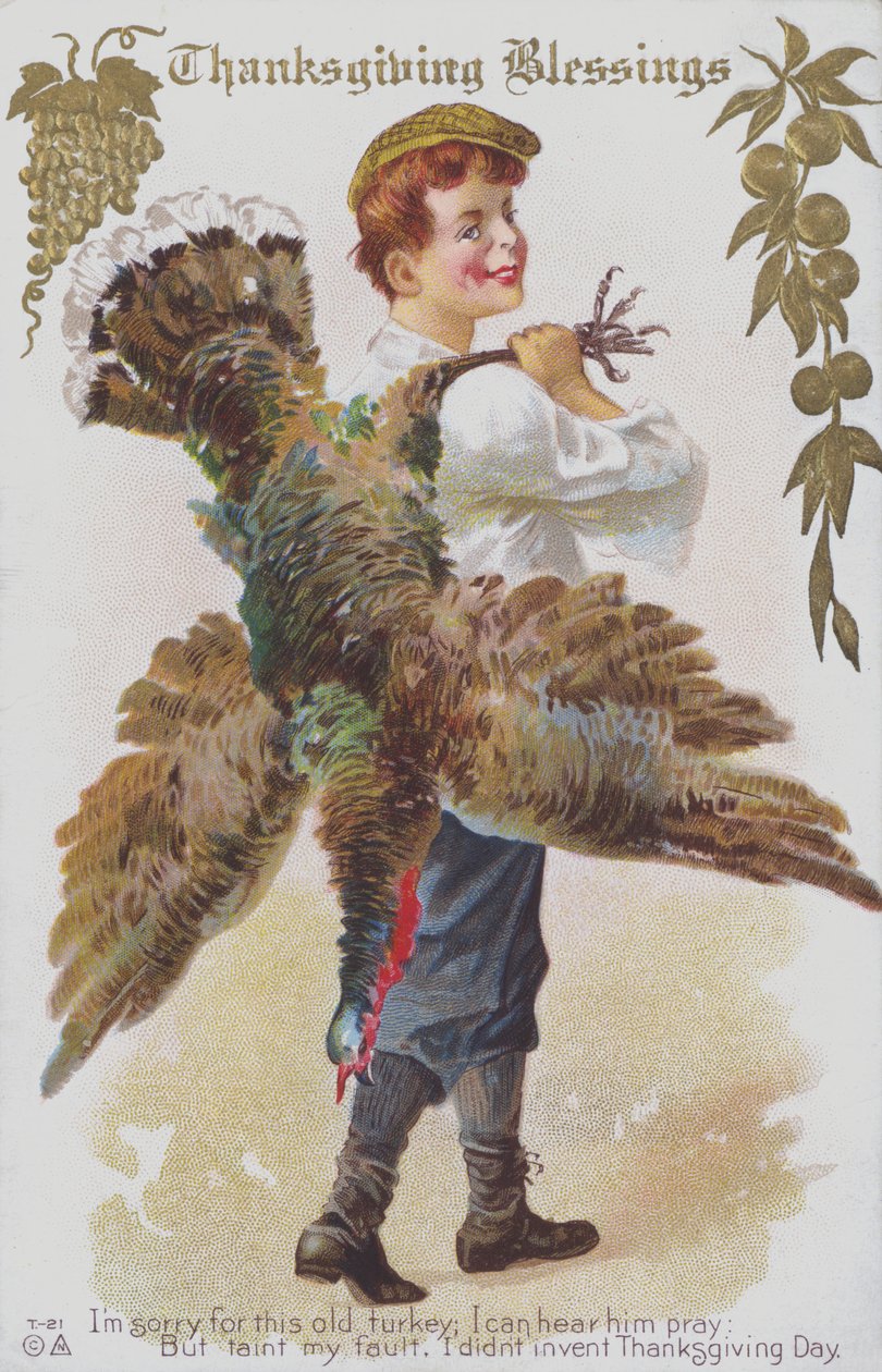 Thanksgiving-hilsenkort med en mand og en kalkun. (chromolitho) af American School