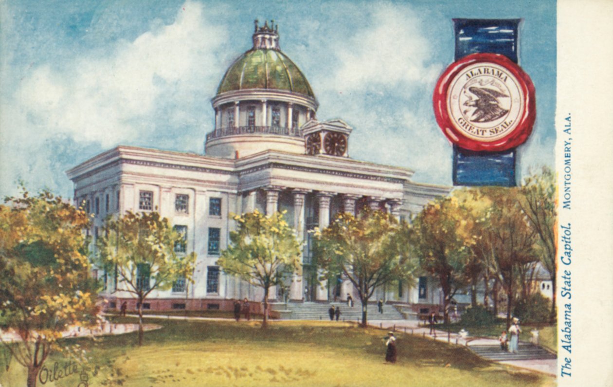 Alabama State Capitol, Montgomery, Alabama (farvelitografi) af American School