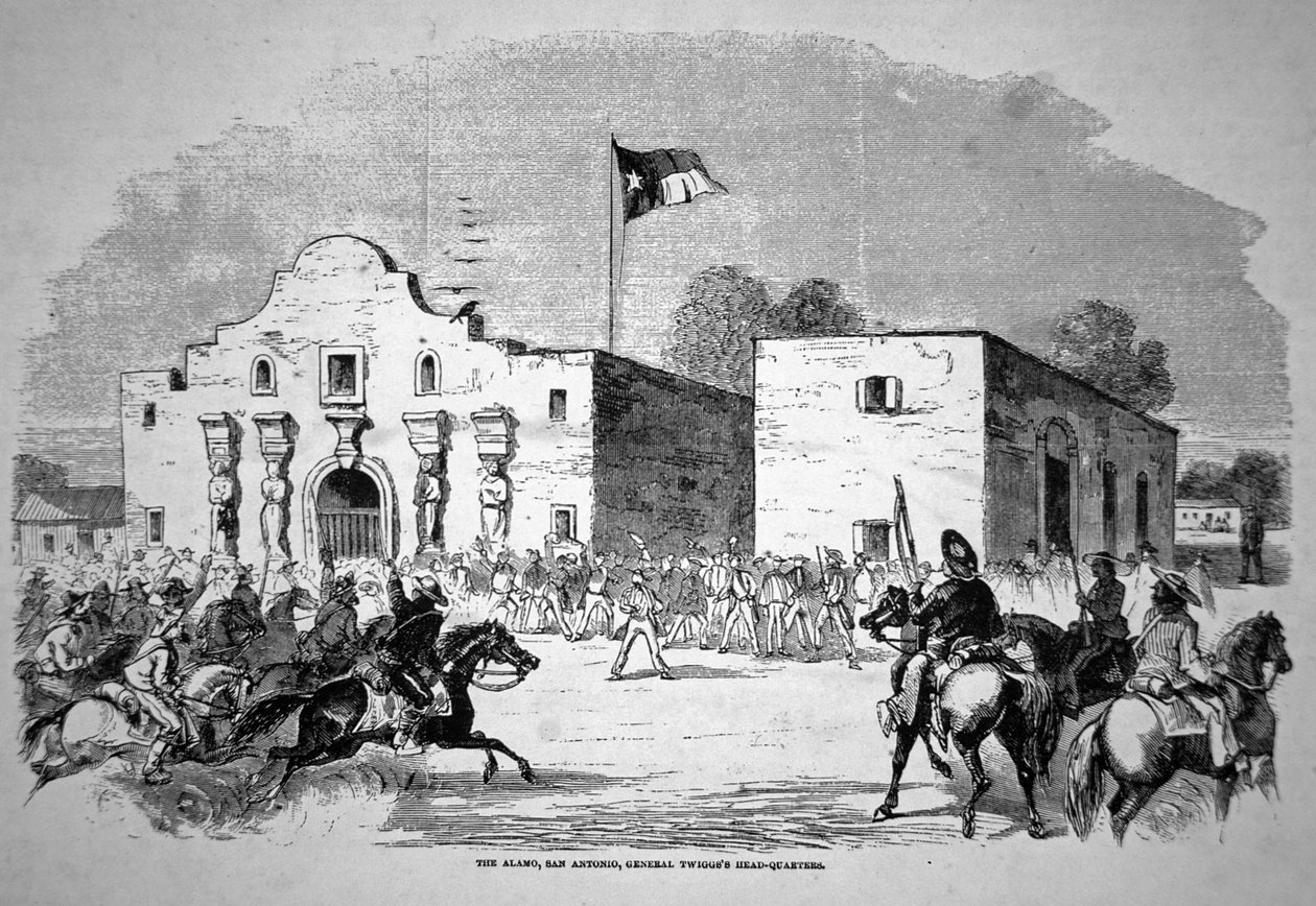 Alamo-fortet i San Antonio, hovedkvarter for forbundsgeneral Twiggs (1790-1862) (litografi) af American School