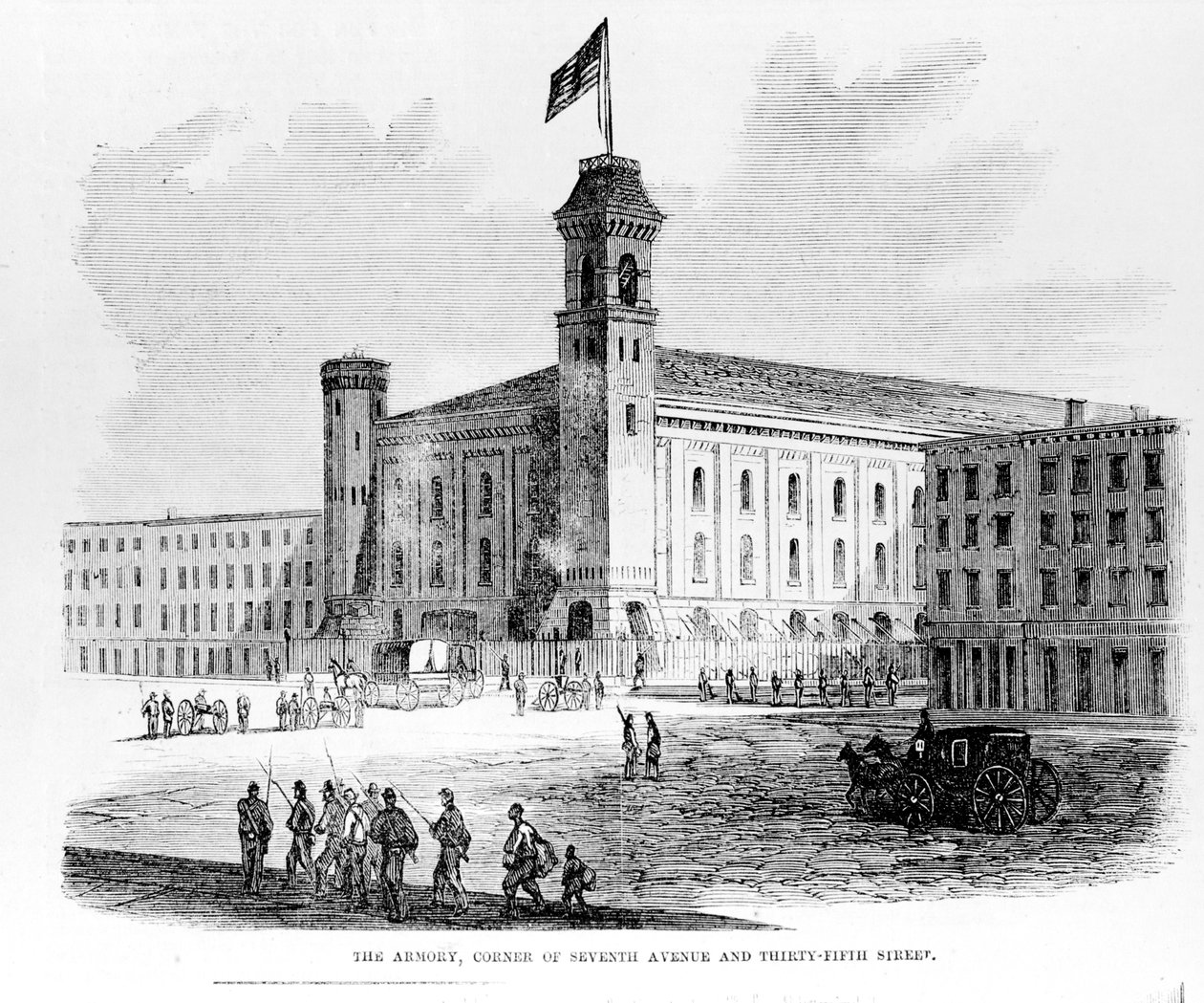 The Armory, Corner of Seventh Avenue og Thirty-Fifth Street, scene fra Draft Riots i New York City, 1863 af American School