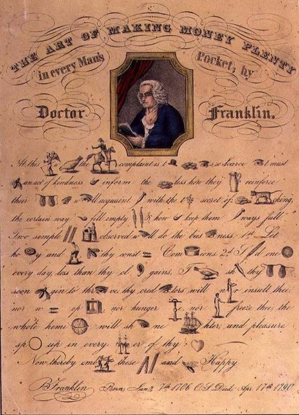 Kunsten at tjene mange penge i hver mands lomme af Doctor Franklin, pub. af Currier and Ives, New York (farve litho) af American School