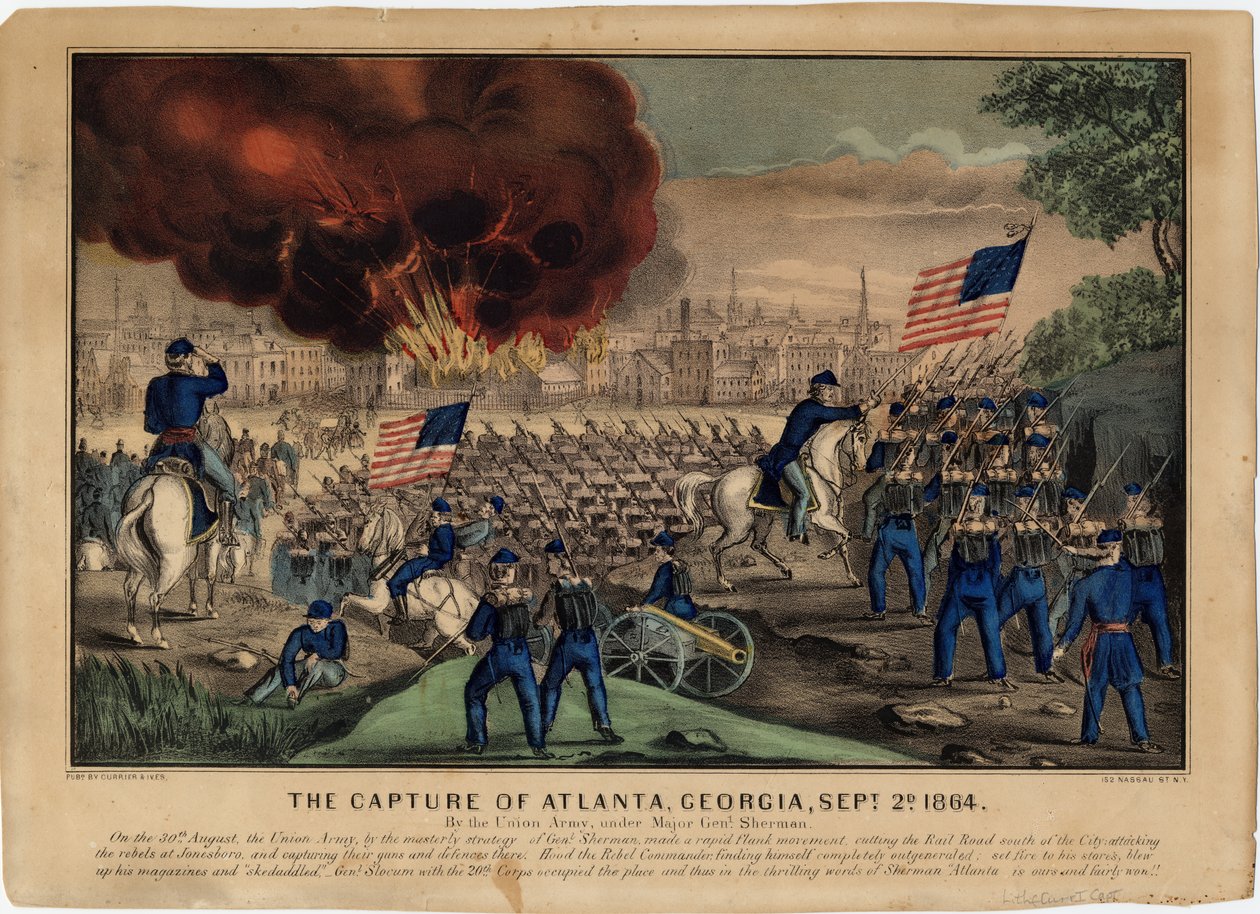The Capture of Atlanta, Georgia, 2. september 1864, pub. af Currier & Ives, ca. 1864 af American School