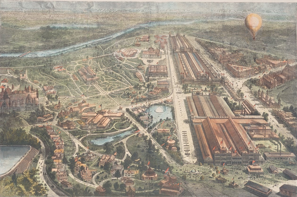 The Centennial - Balloon View of the Grounds, Harpers Weekly, c.1876 af American School