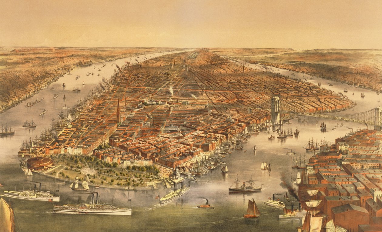 The City of New York, pub. af Currier og Ives, 1870 af American School