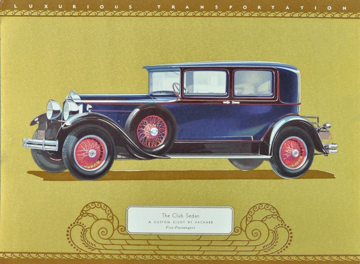 The Club Sedan, A Custom Eight af Packard, pub.1930 (farvelitografi) af American School