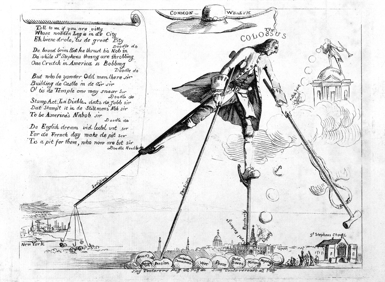 Kolossen, karikatur af frimærkelovens ophævelse, c.1765 af American School