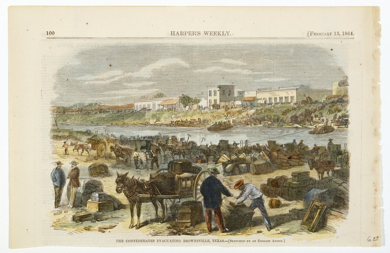 De konfødererede evakuerer Brownsville, Texas, ca. 1864 (håndkoloreret litografi på vævet træmassepapir) af American School