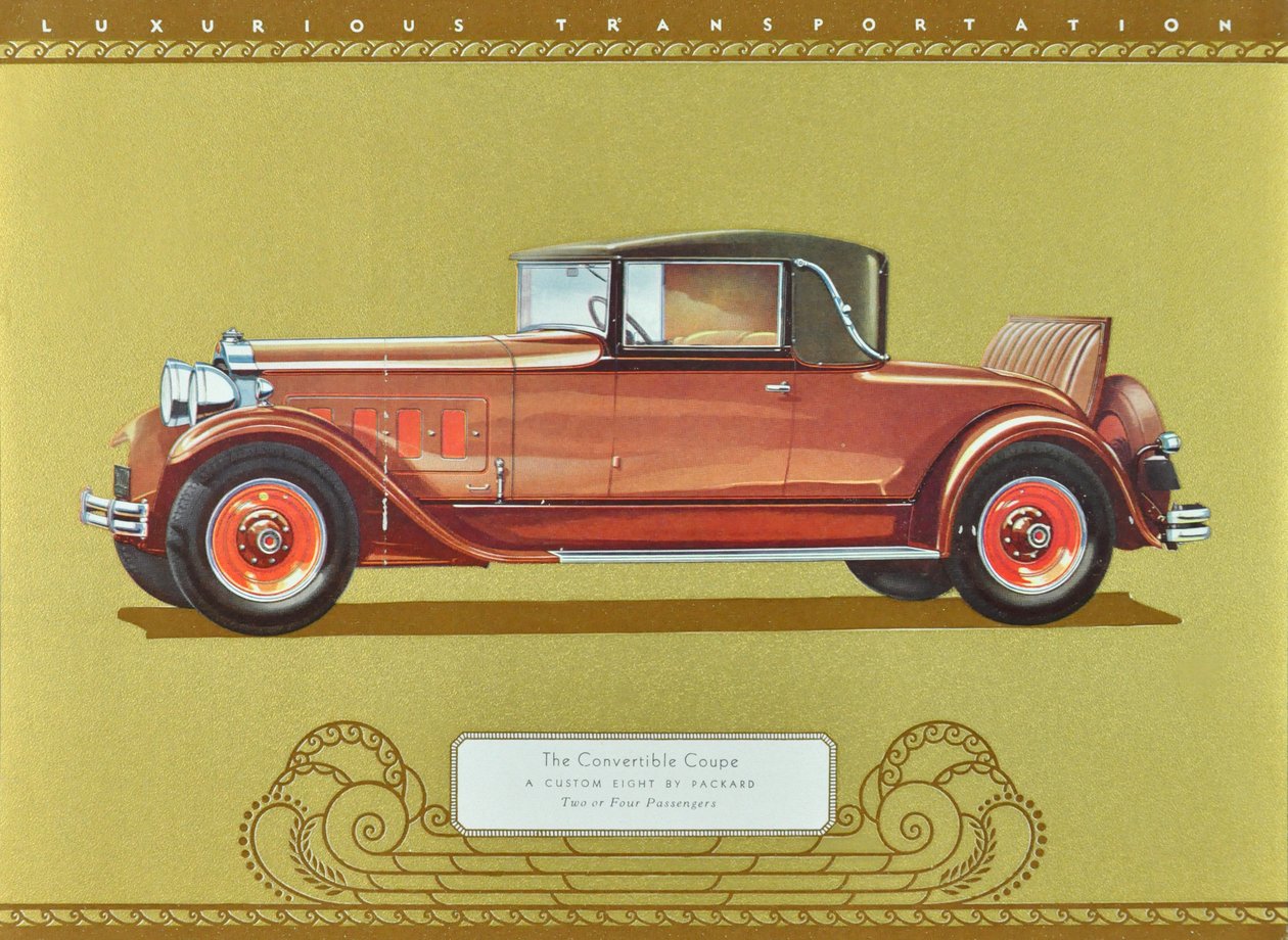The Convertible Coupe, A Custom Eight by Packard, pub.1930 (farvelitografi) af American School
