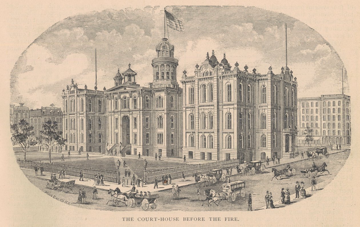 The Court-House before the Fire, trykt af Moss Engraving Co., New York, illustration fra History of Chicago vol. 2 af Alfred Theodore Andreas, udgivet 1885 af American School