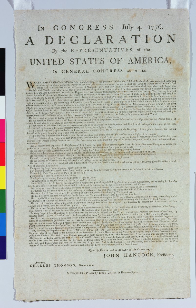 Uafhængighedserklæringen, trykt af Hugh Gaine, 1776 (trykt blæk på papir) af American School